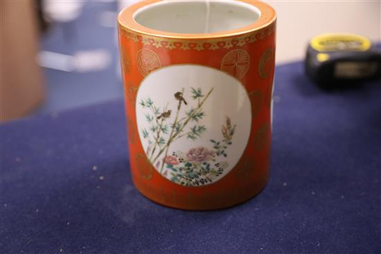 A Chinese coral red famille brushpot, Juren tang zhi iron red seal mark, Republic period, H. 14.2cm